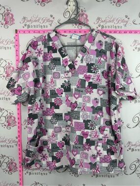 Scrubs tshirt hope cancer care love Women’s Pink Ribbon Print V-Neck Scrub Top